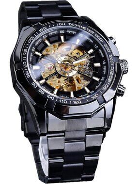 Men's Black Gold Self-Wind Skeleton Hollow Out Mechanical Automatic Luxury Watch